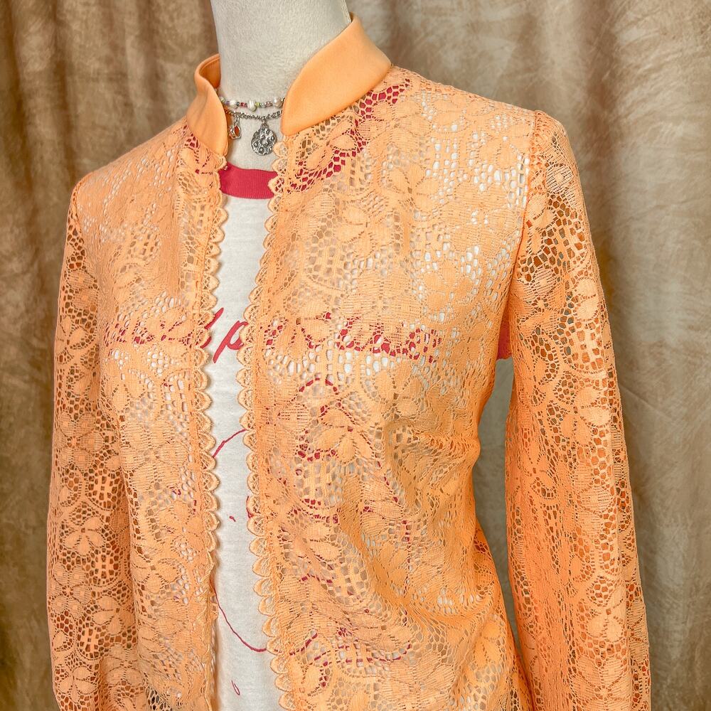 Vintage 70s Lace Top Open Front Crochet Floral Pastel Orange Long Sleeve Retro - Picture 7 of 8